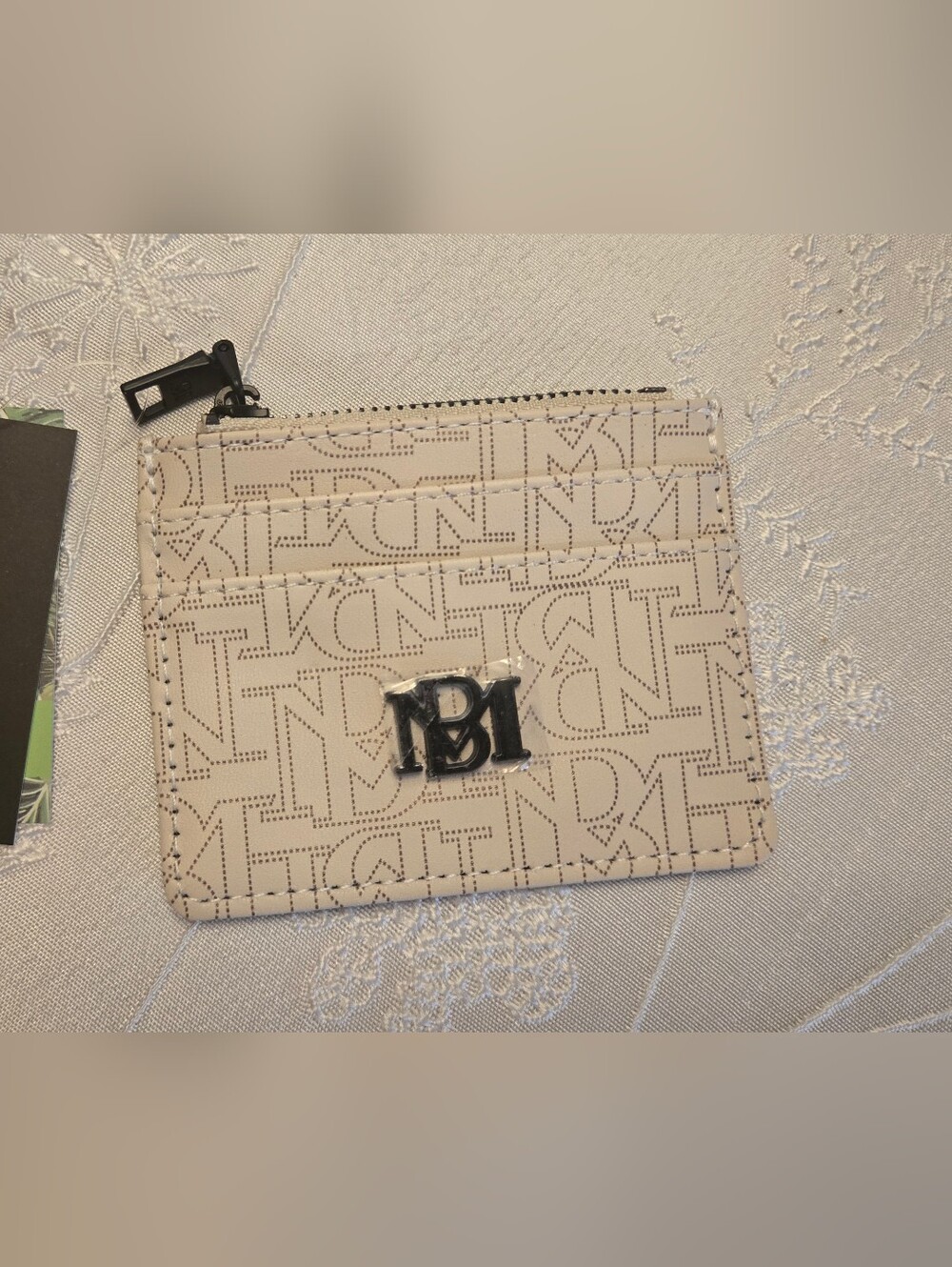 Badgley Mischka Cream Monogram Zip Card Wallet